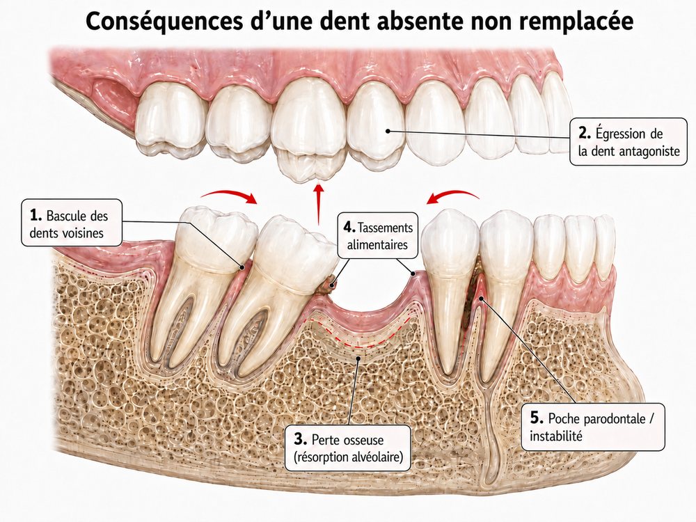 Conséquences d'une dent absente non remplacée : bascule des dents voisines, égression de la dent opposée, perte osseuse, tassements alimentaires, poche parodontale