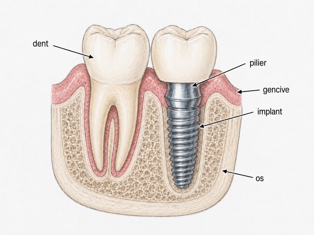 Schéma comparatif : dent naturelle et implant dentaire avec pilier et couronne dans l'os — implantologie à Uzès