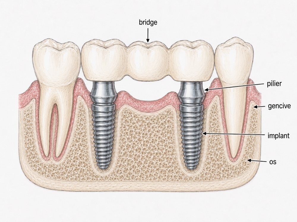 Bridge sur deux implants : prothèse de plusieurs dents fixée sur des piliers implantaires — remplacer plusieurs dents à Uzès