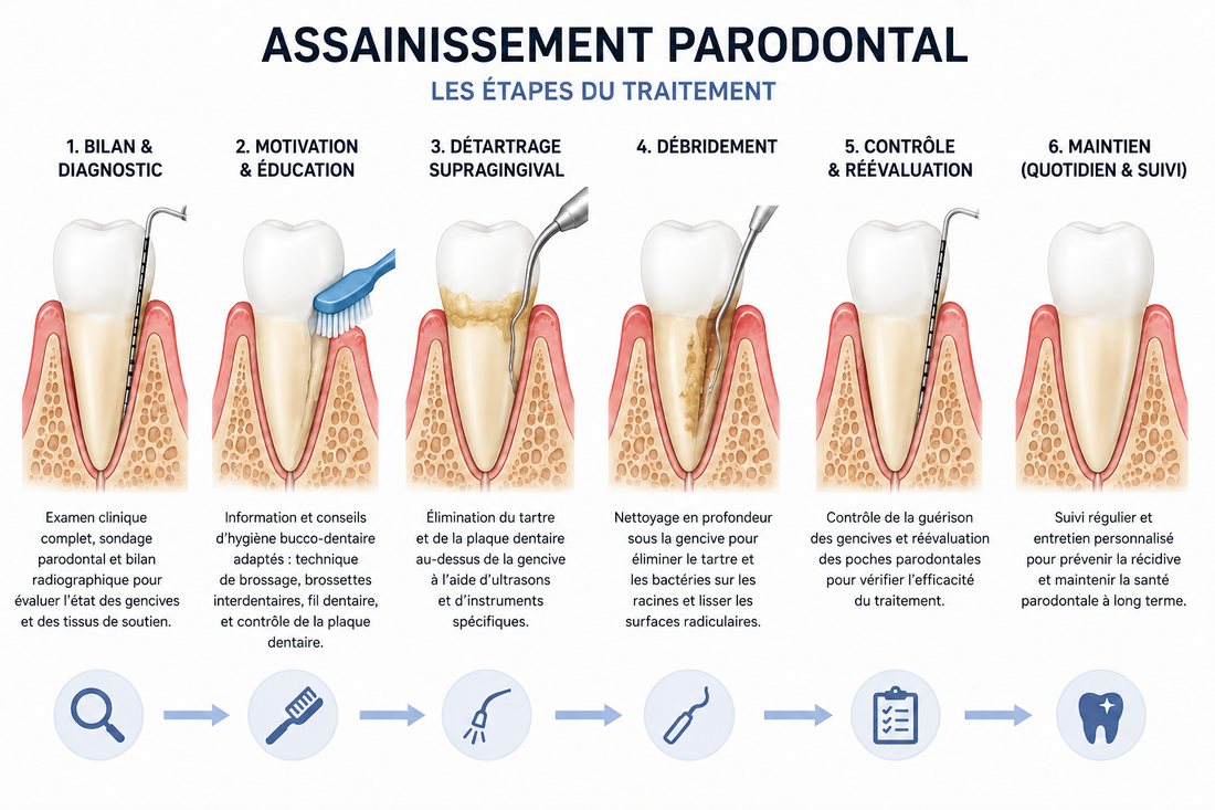 Les 6 étapes de l'assainissement parodontal : bilan et diagnostic, motivation et éducation, détartrage supragingival, débridement, contrôle et réévaluation, maintien