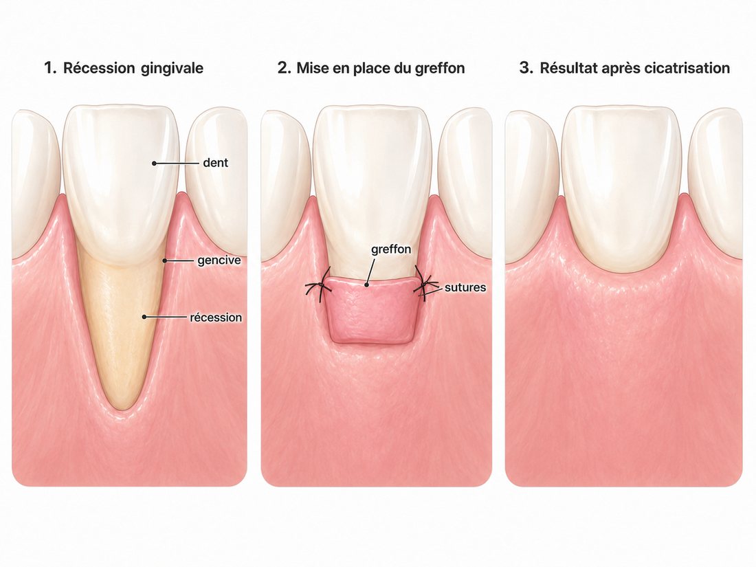 Greffe gingivale en 3 etapes : recession gingivale, mise en place du greffon avec sutures, resultat apres cicatrisation