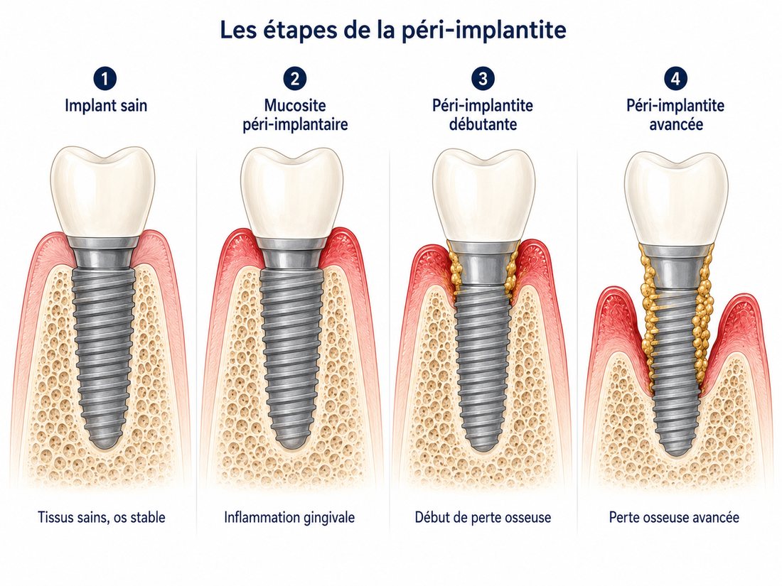 Les 4 stades de la peri-implantite : implant sain, mucosite peri-implantaire, peri-implantite debutante et avancee