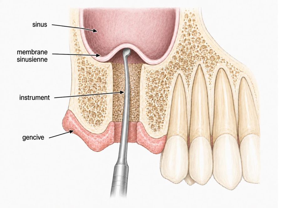 Sinus lift par voie crestale étape 1 : l'instrument décolle délicatement la membrane sinusienne