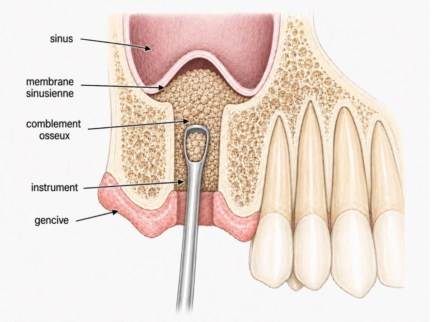 Sinus lift par voie crestale étape 2 : le comblement osseux est poussé sous la membrane
