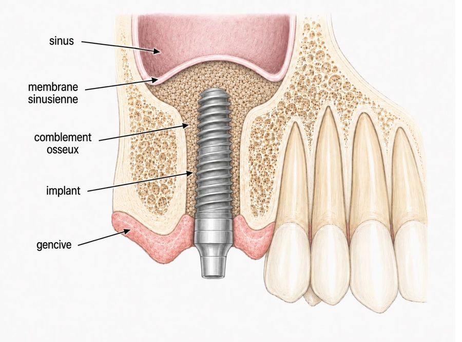 Sinus lift par voie crestale étape 3 : l'implant est posé dans le comblement osseux sous la membrane