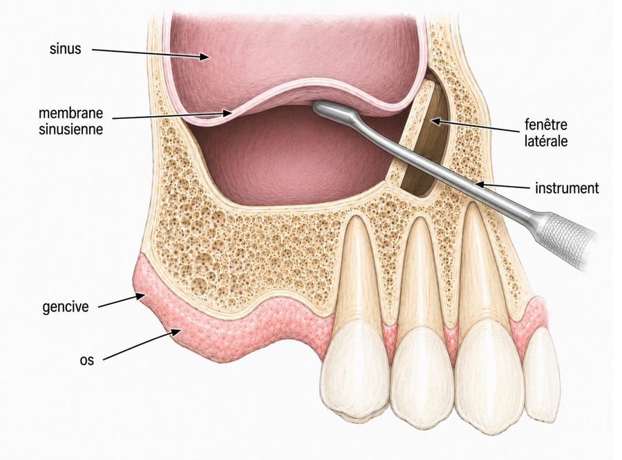 Sinus lift par abord latéral étape 1 : ouverture de la fenêtre osseuse latérale et décollement de la membrane sinusienne