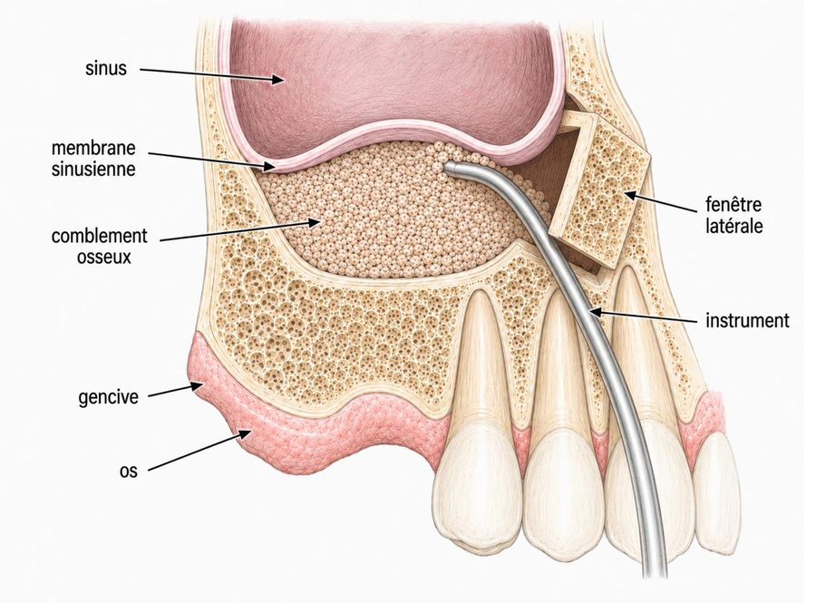 Sinus lift par abord latéral étape 2 : le comblement osseux est introduit par la fenêtre latérale