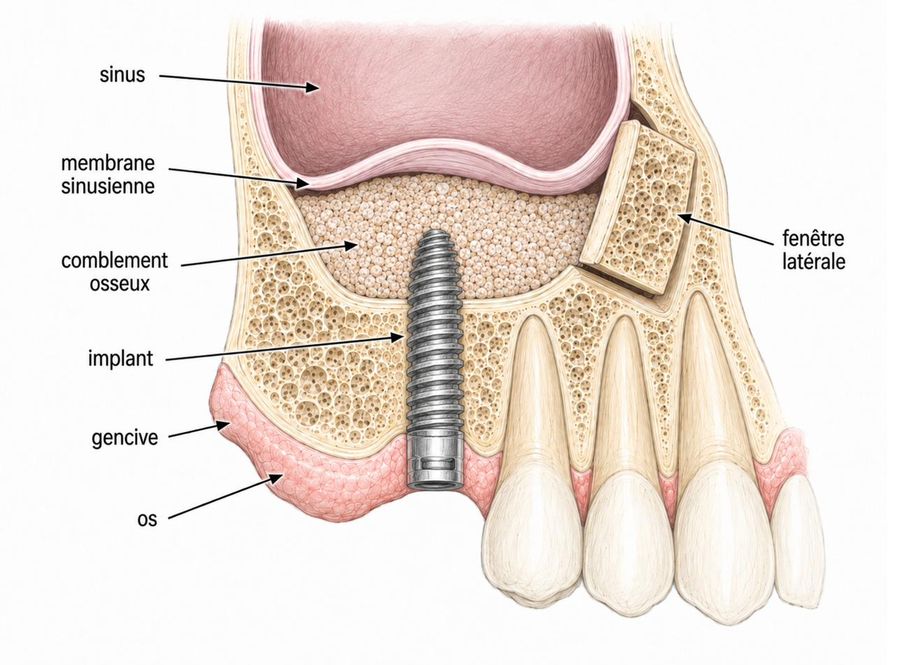 Sinus lift par abord latéral étape 3 : implant posé dans le comblement osseux, fenêtre latérale refermée
