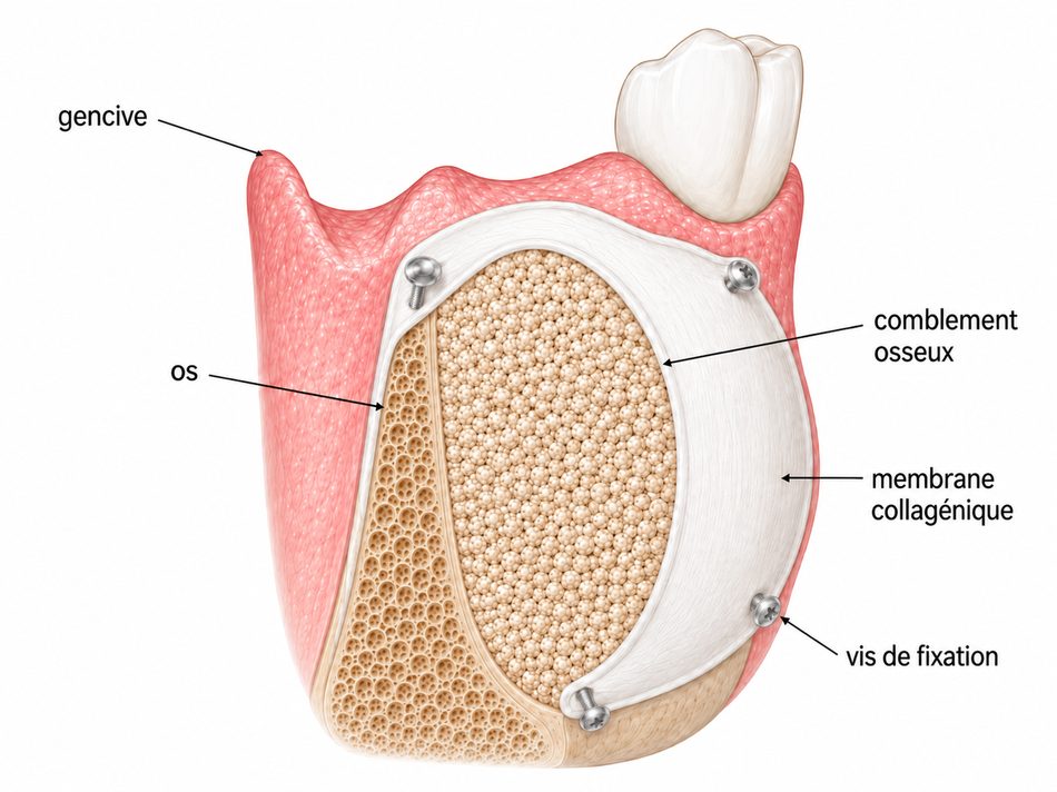 Régénération osseuse guidée (technique sausage) : greffon osseux recouvert d'une membrane collagénique fixée par des vis sur la crête — augmentation osseuse à Uzès